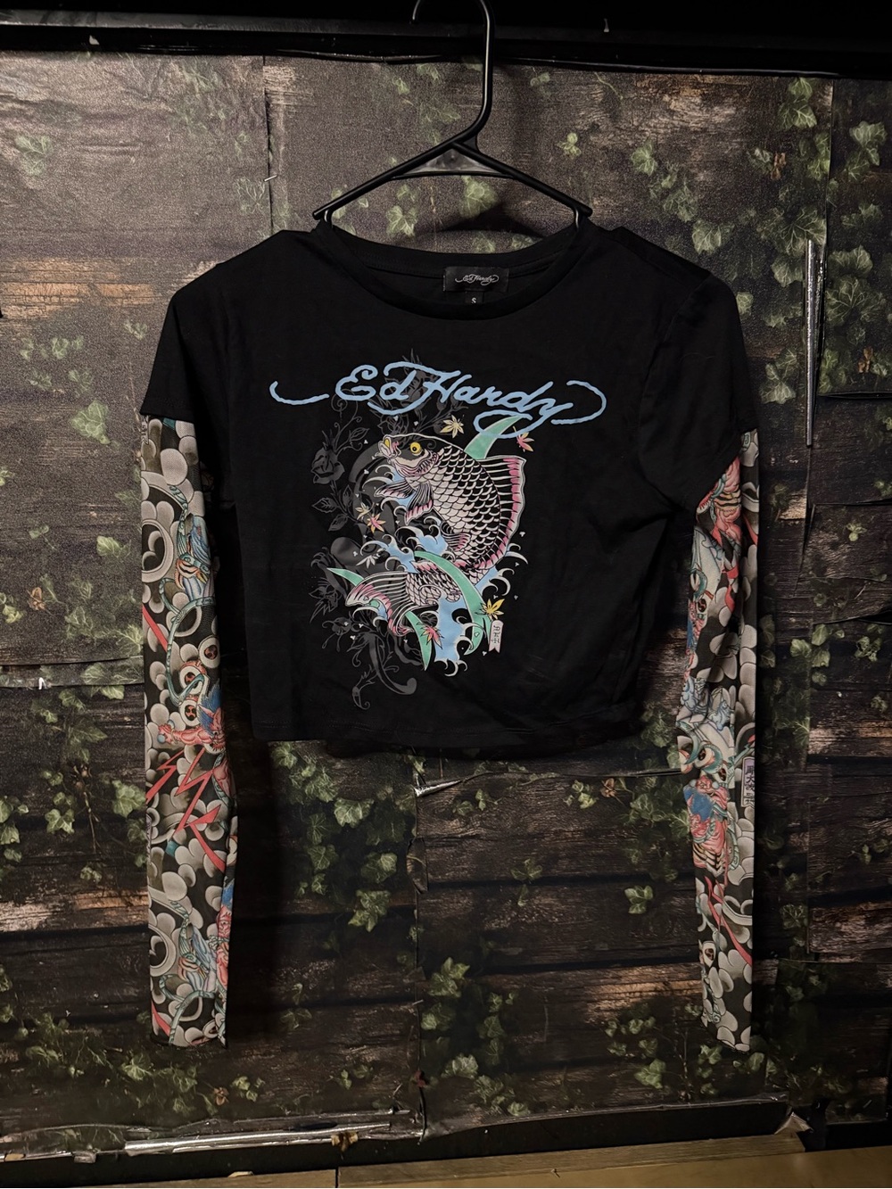 Ed Hardy Black Graphic Long-Sleeve Crop Top with mesh sleeves